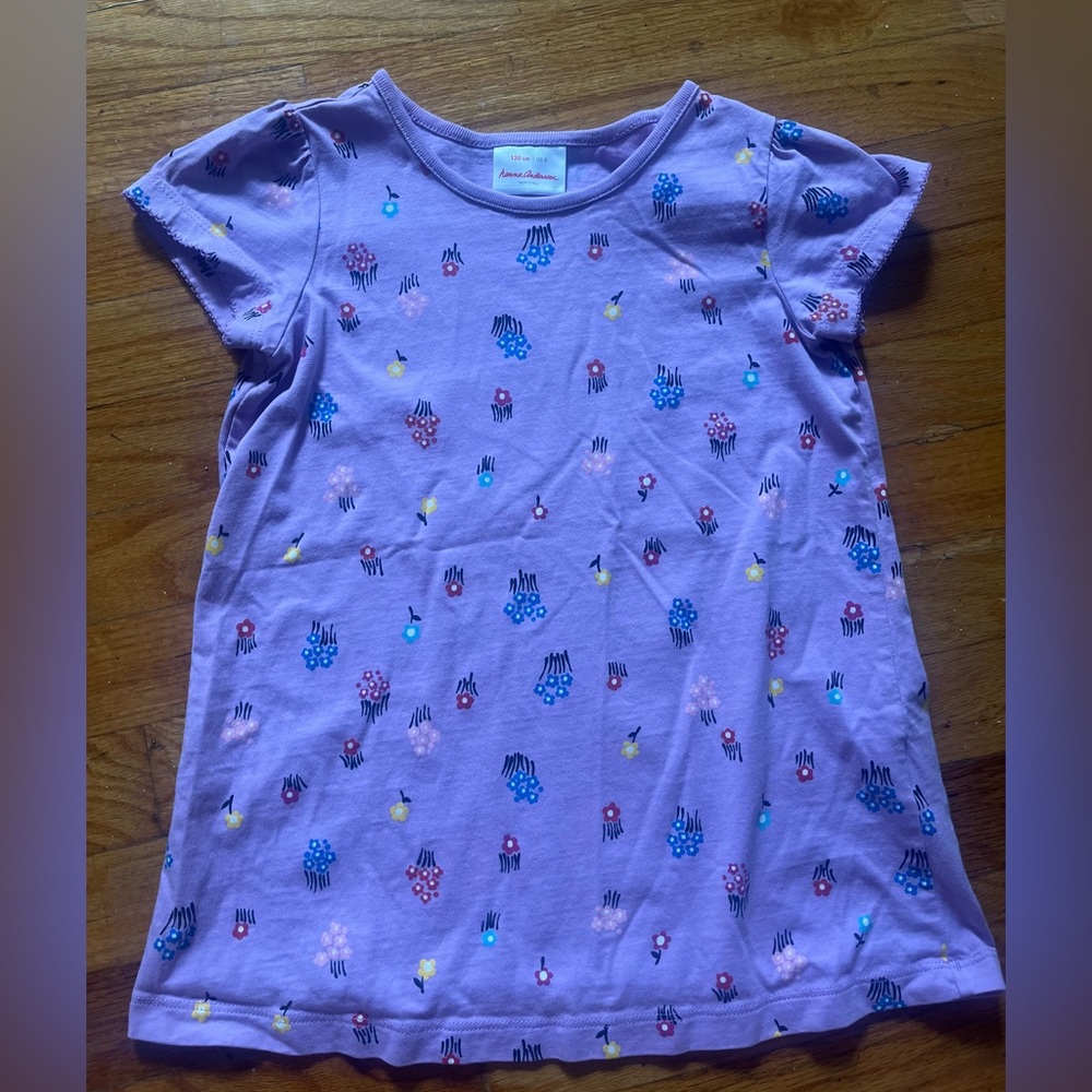 Hanna Andersson Size 8 130 Purple Floral Short Sleeve Tee Shirt Top